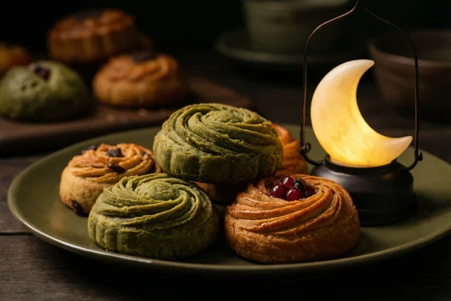 Groene en goudbruine spiraalvormige gebakjes liggen op een bord naast een lichtgevende maanlantaarn op een donker houten oppervlak.