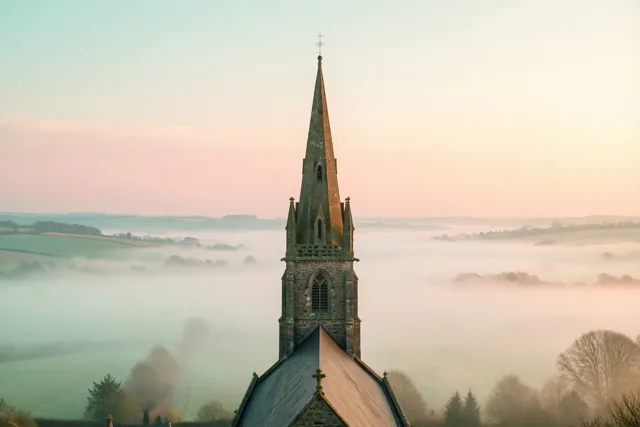 Een stenen kerktoren met een spitse torenspits rijst bij dageraad boven landelijke mist uit in roze, perzik en lichtgroene pasteltinten.