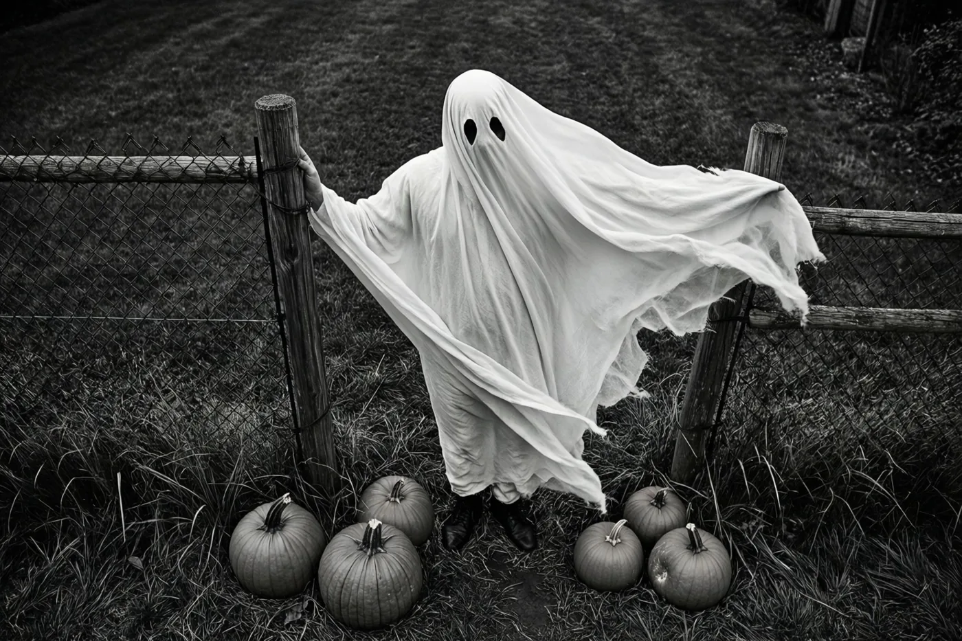 Een persoon onder een wit spooklaken met twee ooggaten houdt naast een gaashek een houten paal vast, met pompoenen in het gras, op een zwart-witfoto.