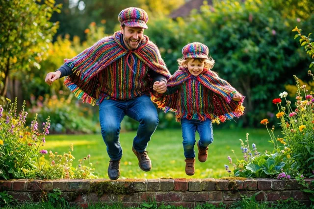 Een vader en een kind met gelijke kleurrijke gebreide capes en mutsen springen van een laag bakstenen muurtje in een zonnige tuin met gras en bloemen.