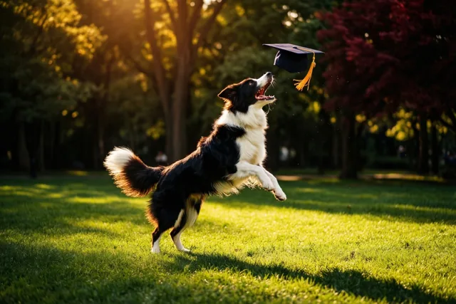 Een zwart-witte bordercollie springt naar een afstudeerhoed in een groen park, met warm goudkleurig zonlicht en bomen op de achtergrond.