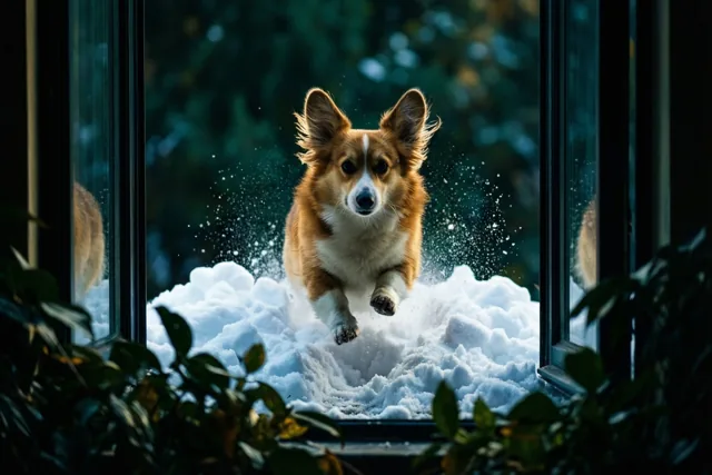 Corgi springt de winter in