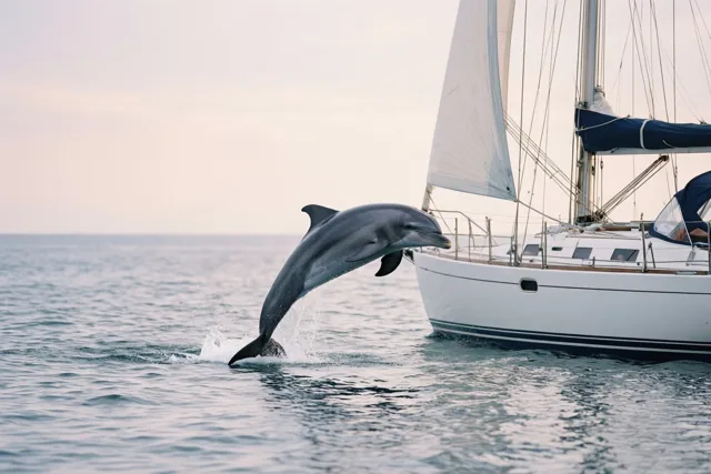Een dolfijn springt uit het water naast een witte zeilboot met gehesen zeilen op een kalme zee onder een zachtbewolkte hemel.