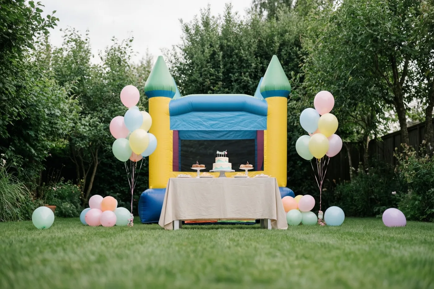In een tuin met gras en groene bomen staan een kleurrijk springkasteel en een tafel met taart, versierd met pastelballonnen.