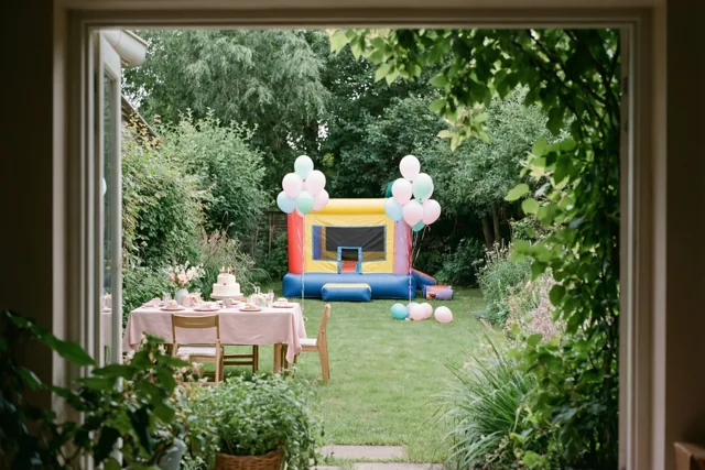 Door een open deuropening is een groene tuin te zien met een kleurrijk springkasteel, trosjes pastelballonnen en een tafel met taart in daglicht.