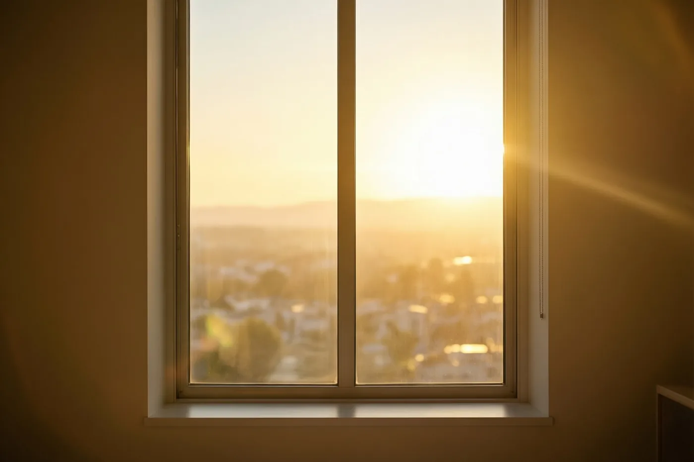 Door een hoog raam met een wit kader is een wazige zonsopgang boven een stad in de verte te zien, met warm gouden licht in een sobere kamer met effen muren.