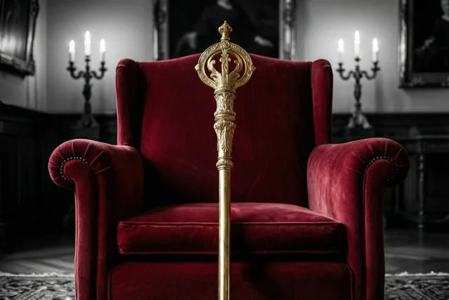 Een gouden bisschopsstaf leunt rechtop tegen een dieprode fluwelen fauteuil in een donkere kamer met sierlijke kandelaars en ingelijste portretten.