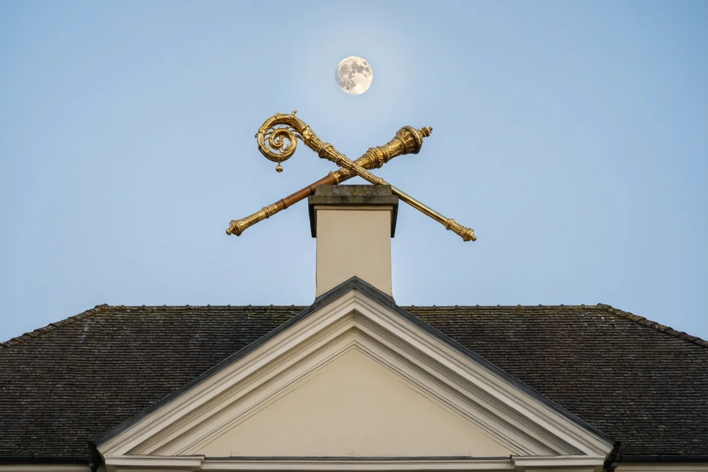 Een gouden bisschopsstaf staat boven op een schoorsteen, met roomkleurige bouwdetails en donkerbruine dakpannen onder een blauwe hemel met volle maan.