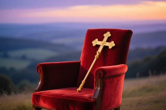 Een gouden staf met een kruisvormige top rust op een roodfluwelen fauteuil buiten, met een wazig landschap in paarse en oranje zonsondergangskleuren erachter.