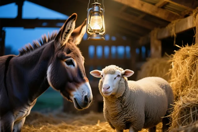 Een ezel en een schaap staan in een stal met stro en een donkere houten achtergrond, in het gouden licht van een hangende lantaarn.