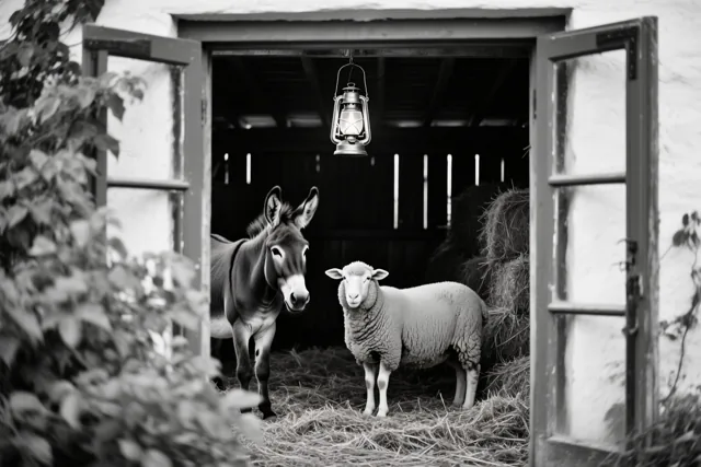 Een zwart-witfoto toont door een open deuropening een ezel en een schaap in een stal met stro en een lantaarn boven hen.