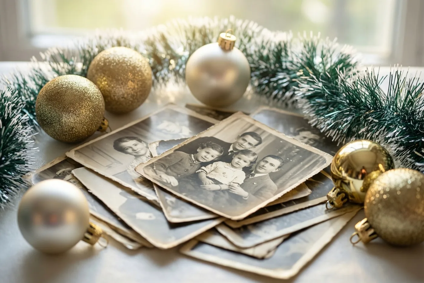 Een stapel verbleekte zwart-witfamiliefoto's ligt tussen gouden en zilveren kerstballen en groene glitterslingers in zacht licht.