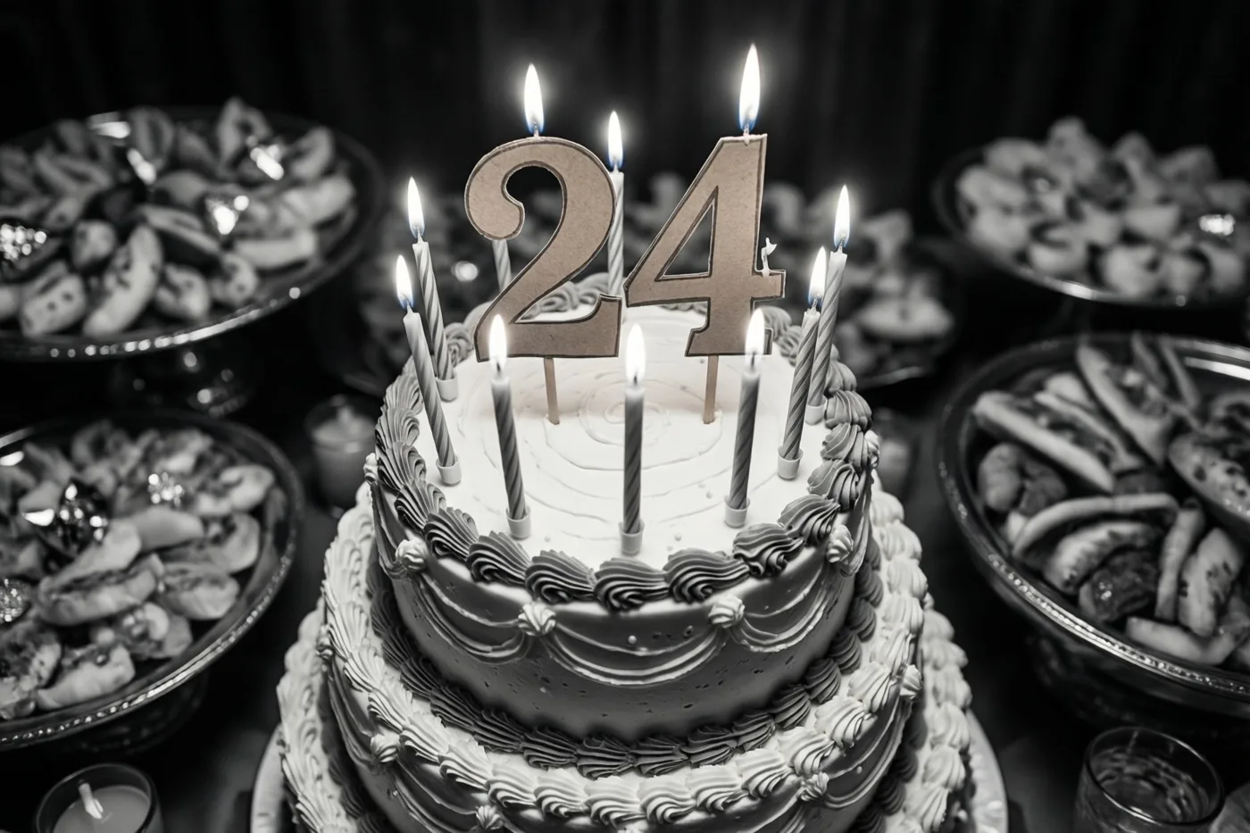 Een zwart-witfoto toont een stapeltaart met brandende kaarsjes en een papieren versiering met 24 tussen kommetjes desserts op een buffettafel.