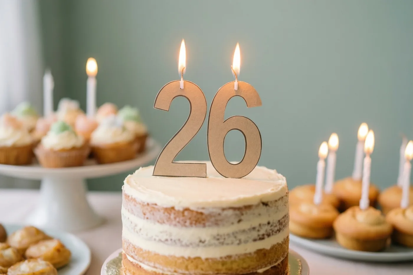 Een stapeltaart met een papieren versiering met 26 en brandende kaarsjes staat tussen cupcakes en gebakjes op een buffettafel in zachte pasteltinten.