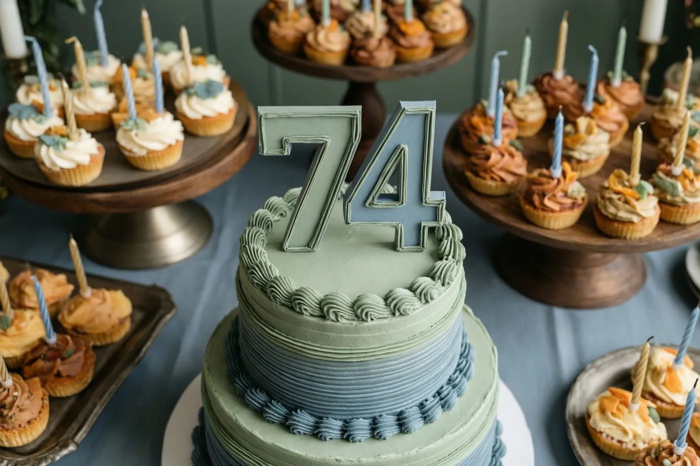Een taart met verdiepingen en een papieren 74 staat op een buffettafel tussen cupcakes met kaarsjes, in zachte blauwe en groene tinten.