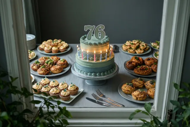 Door een wit raamkozijn met groen op de voorgrond is een buffettafel te zien met een taart met verdiepingen, een papieren 76, brandende kaarsjes, gebak en cupcakes.