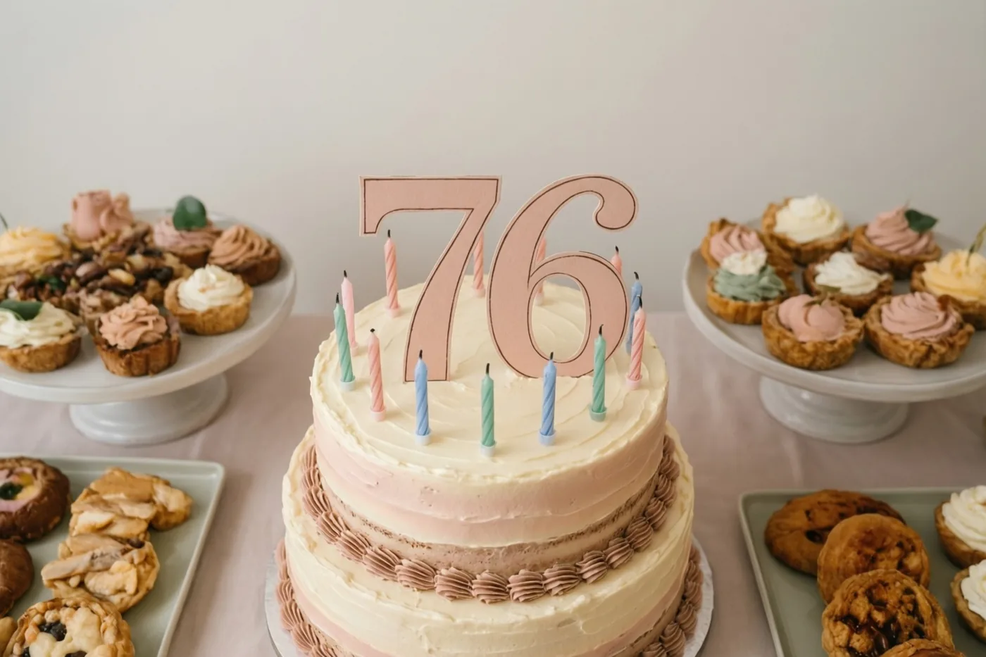 Een taart met verdiepingen, een grote papieren 76 en kleurrijke kaarsjes staat centraal op een tafel tussen schalen met gebak in zachte pasteltinten.