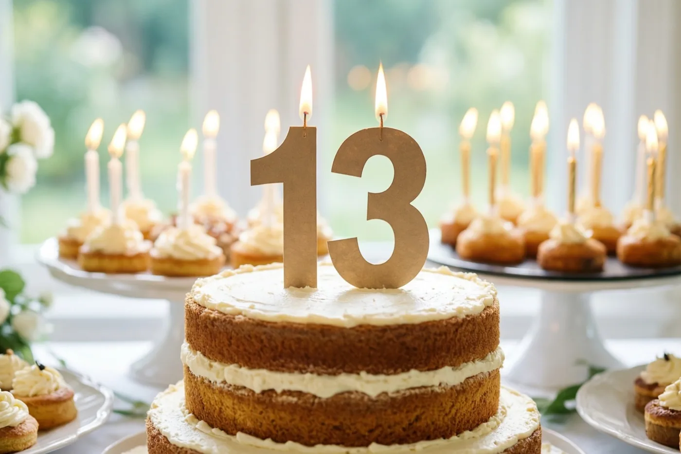 Een taart met meerdere verdiepingen, wit glazuur en een grote papieren versiering met 13 staat tussen cupcakes met brandende kaarsjes op een feestbuffet, met daglicht uit een raam op de achtergrond.
