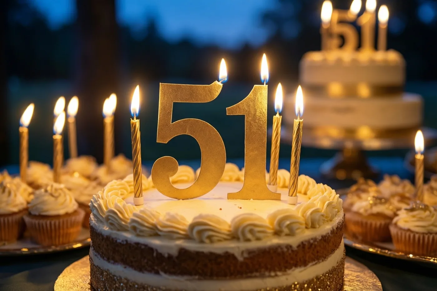 Een taart met meerdere verdiepingen, een grote gouden versiering met 51 en brandende kaarsen staat van dichtbij in beeld tussen cupcakes op een buffet met een donkerblauwe achtergrond.