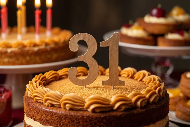 Een stapeltaart met een houten versiering in de vorm van 31 staat van dichtbij in beeld tussen desserts en brandende kaarsen op een feestbuffet.