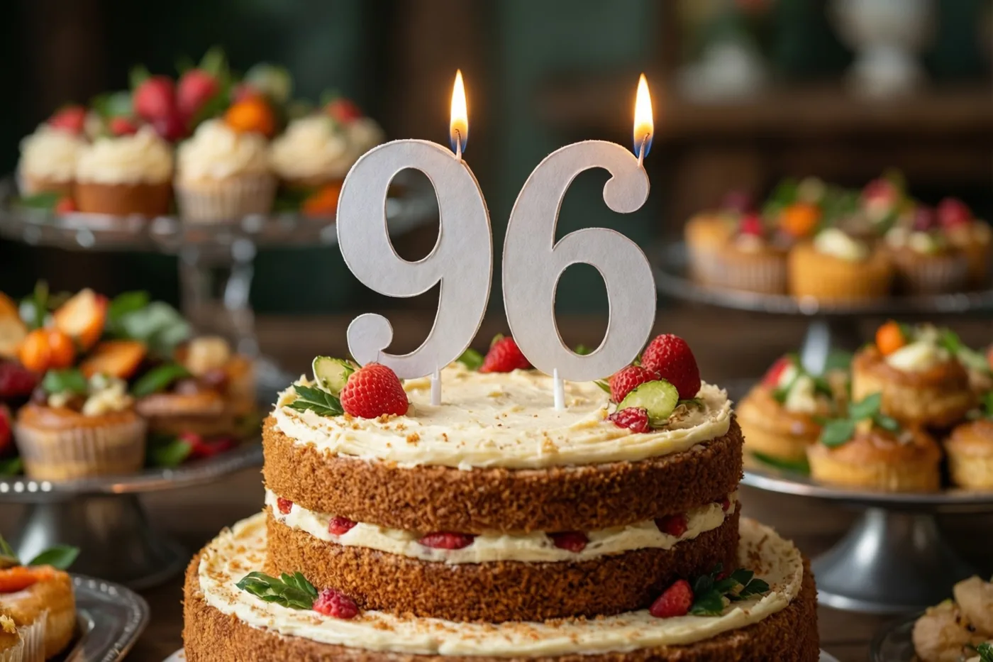 Een taart met meerdere verdiepingen, room en verse bessen staat op een dessertbuffet, met een papieren versiering met 96 en twee brandende kaarsen.