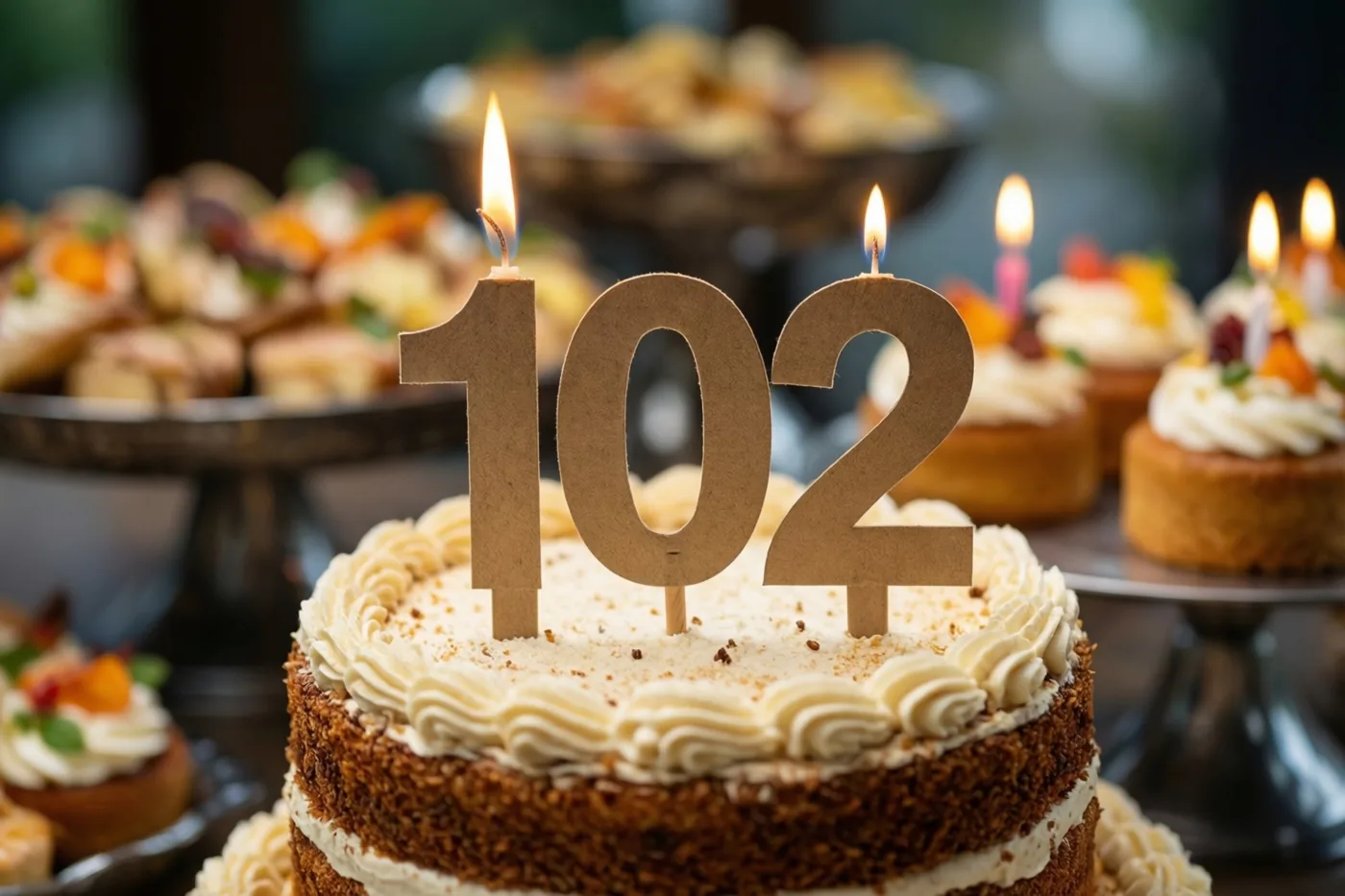 Een stapeltaart met roomglazuur en een papieren versiering met 102 staat op een feestelijk buffet met andere desserts en brandende kaarsen op de achtergrond.