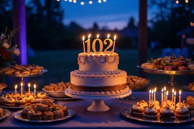 Een stapeltaart met brandende kaarsen en een papieren versiering met 102 staat op een buffet buiten, onder lichtslingers en een donkerblauwe schemerhemel.