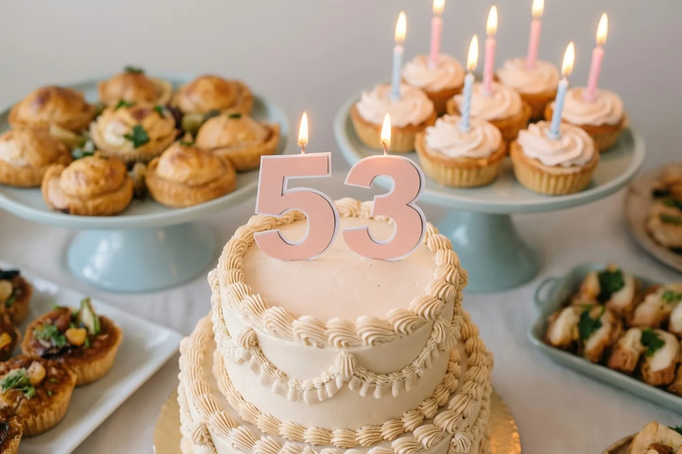 Een taart met meerdere verdiepingen, een papieren versiering met 53 en brandende kaarsjes staat op een buffet met pastelkleurige taartstandaards en allerlei gebak.