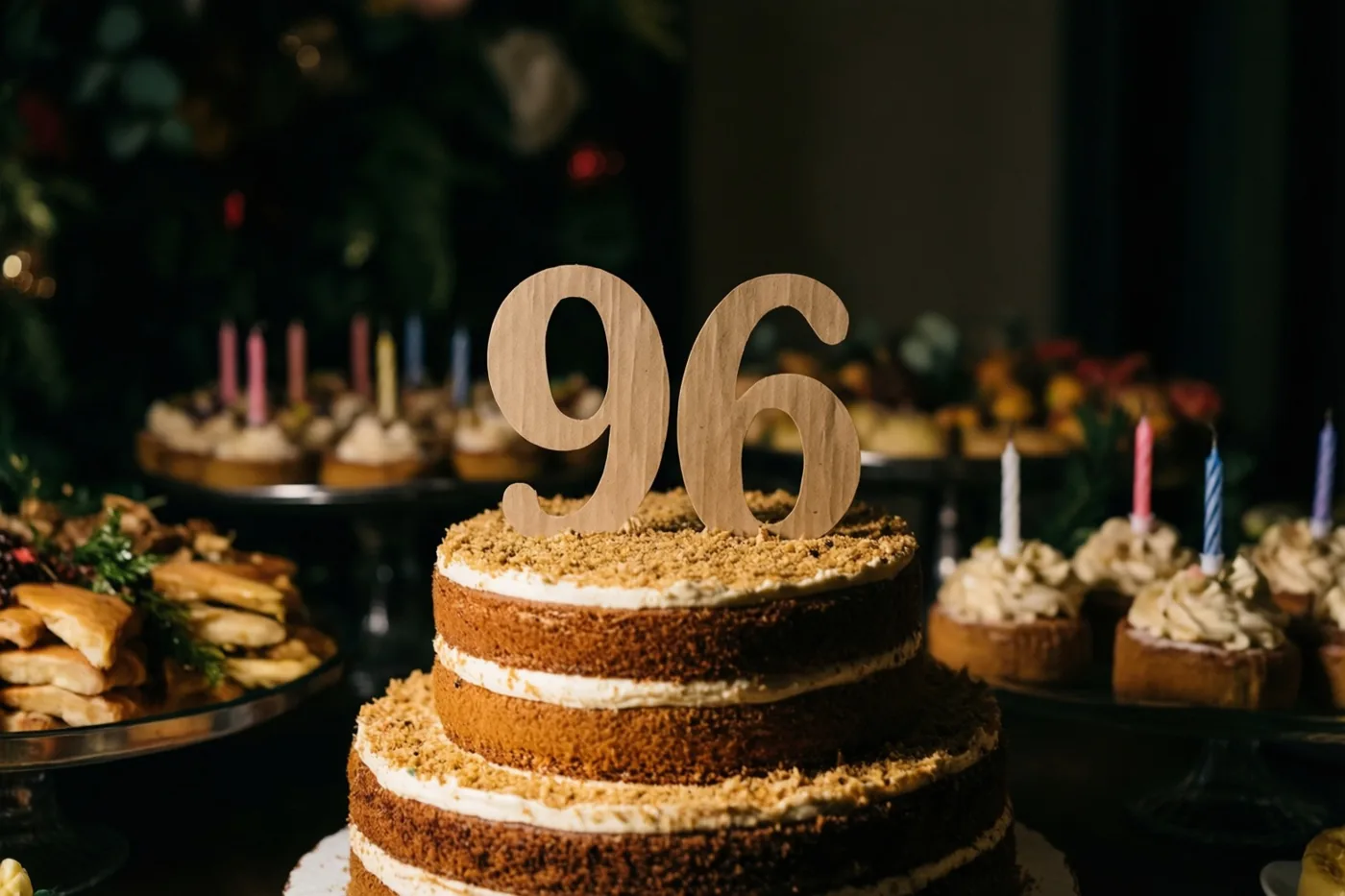 Een taart met meerdere verdiepingen en een houten 96 staat tussen cupcakes met kaarsen, met onscherp gebladerte op de donkere achtergrond.