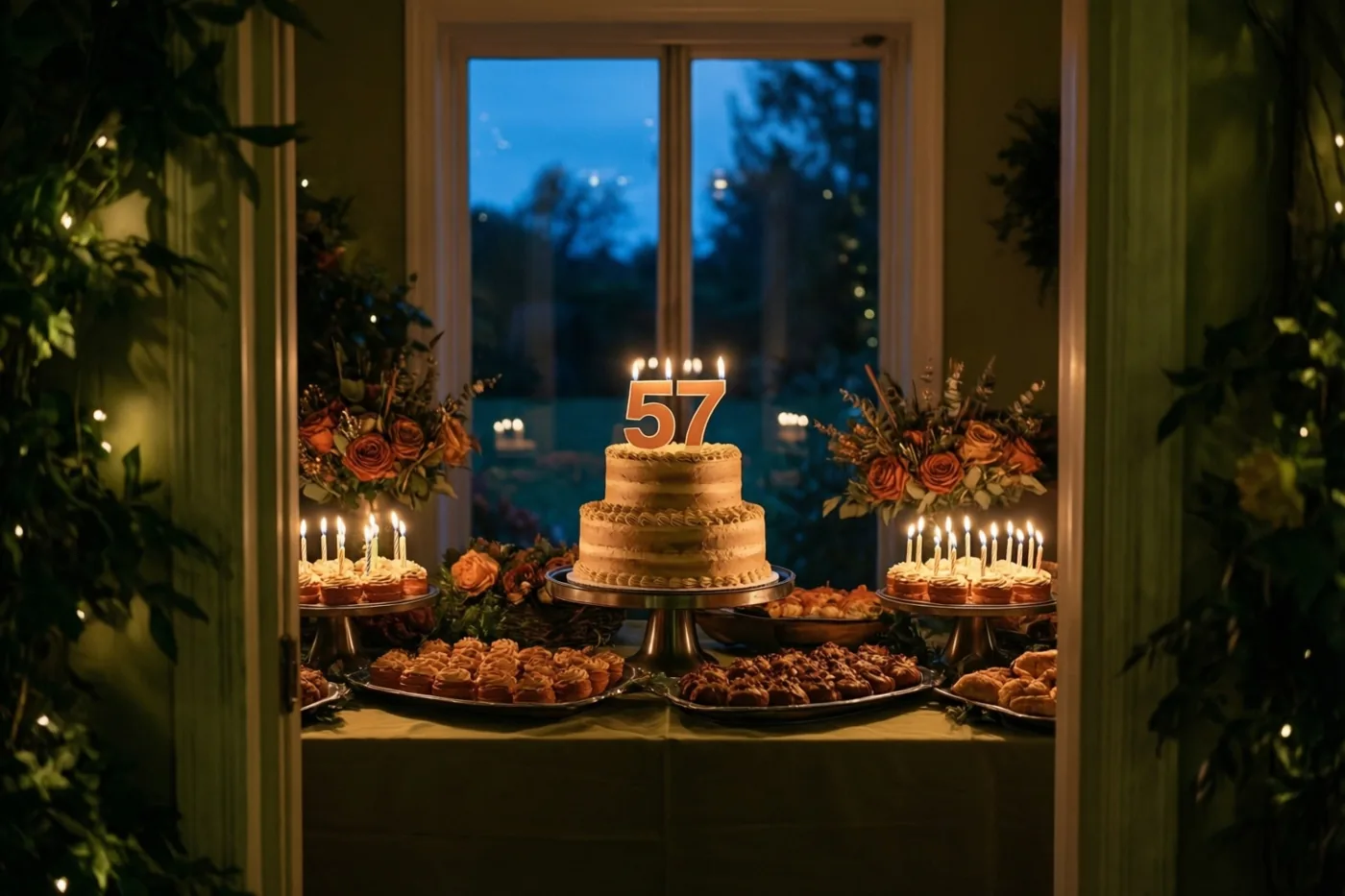 Een taart met meerdere verdiepingen, brandende kaarsjes en een papieren versiering met 57 staat op een buffet tussen desserts en bloemstukken, met schemerlicht buiten het raam.