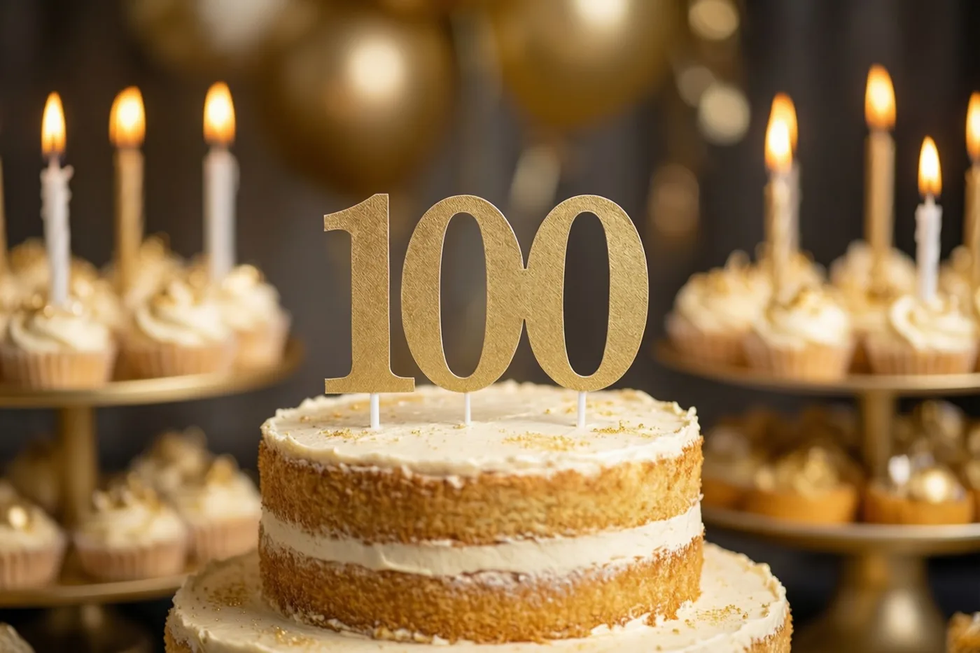 Een taart met verdiepingen, brandende kaarsjes en een gouden versiering met 100 staat op een buffet tussen cupcakes en gouden ballonnen.