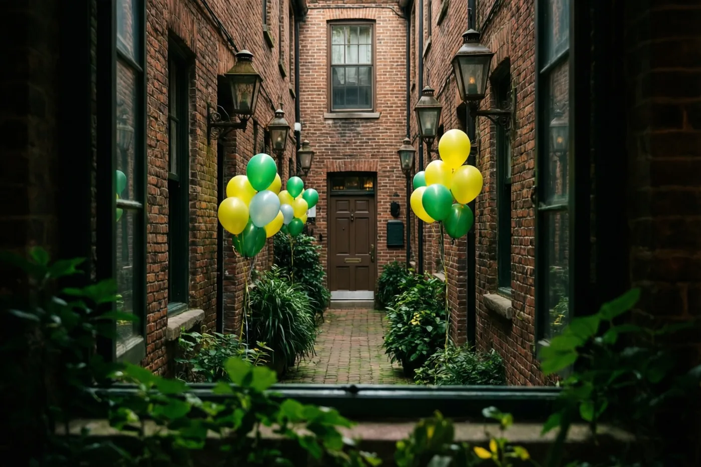 Een smal bakstenen steegje met groen op de voorgrond loopt naar een houten voordeur, met groene en gele ballonnen aan oude lantaarns.