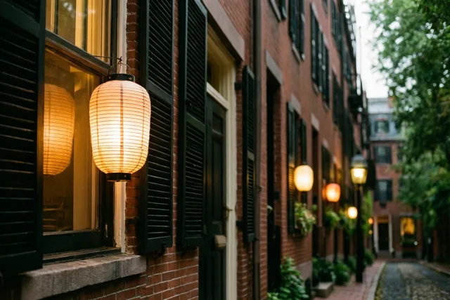 Een smal steegje met rode bakstenen huizen en een lichtgevende papieren lampion voor elk raam ligt in goudkleurig licht, met groene bomen en een schemerlucht op de achtergrond.