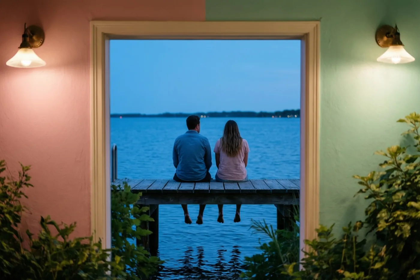 Door een deuropening met warmgekleurde muren en wandlampen zijn twee mensen van achteren te zien op een houten steiger, met hun voeten boven kalm blauw water in de schemering.