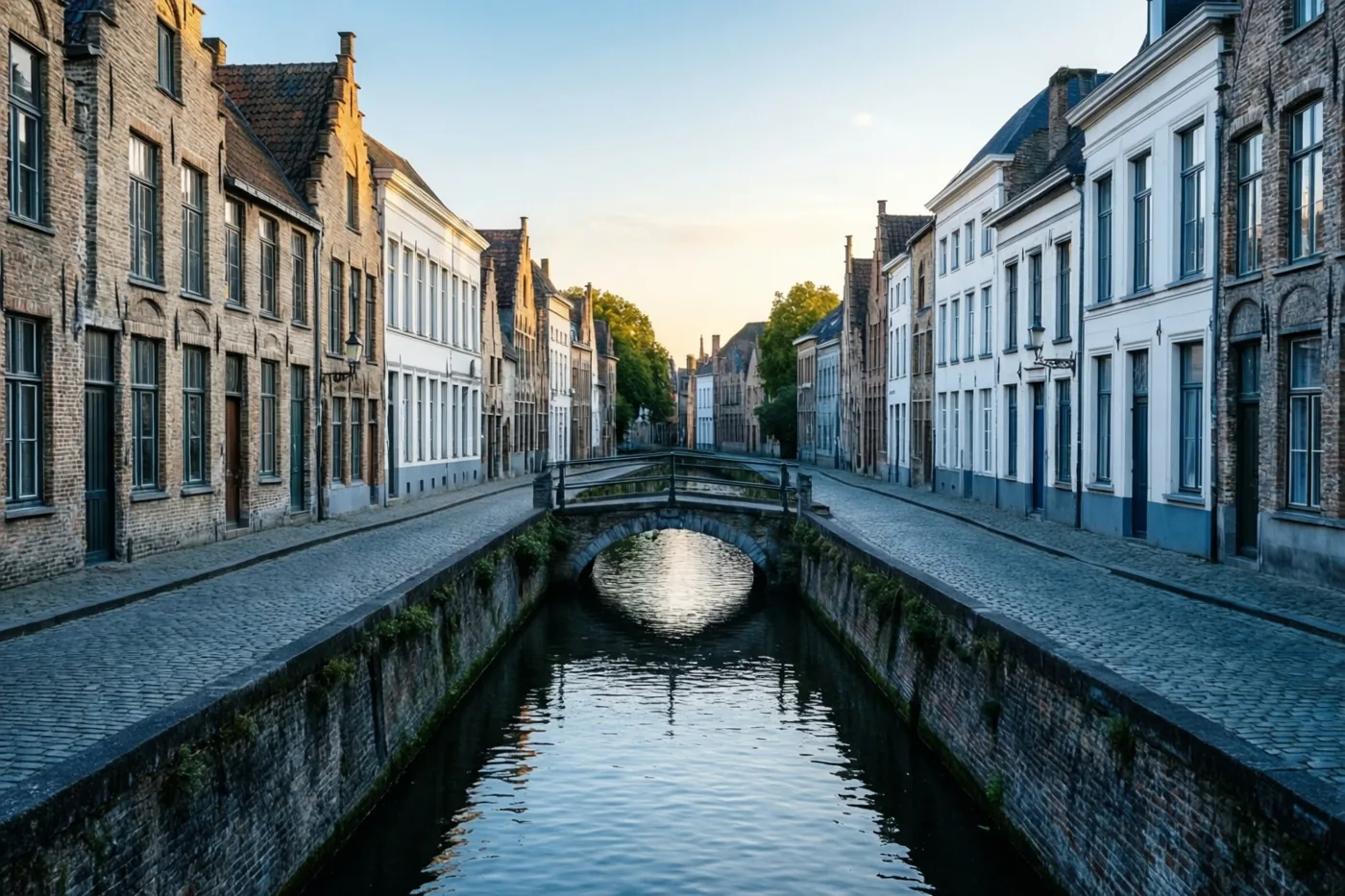Een smalle stenen brug verbindt twee kasseistraten over een rustig kanaal in een oud Vlaams stadje met historische gebouwen in zacht goudkleurig licht.