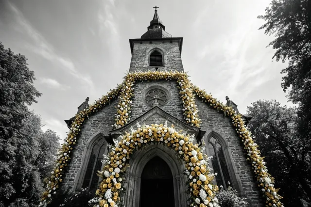 Een stenen dorpskerk met uitbundige gouden en witte bloemenslingers is van onderen gefotografeerd tegen een bewolkte lucht.