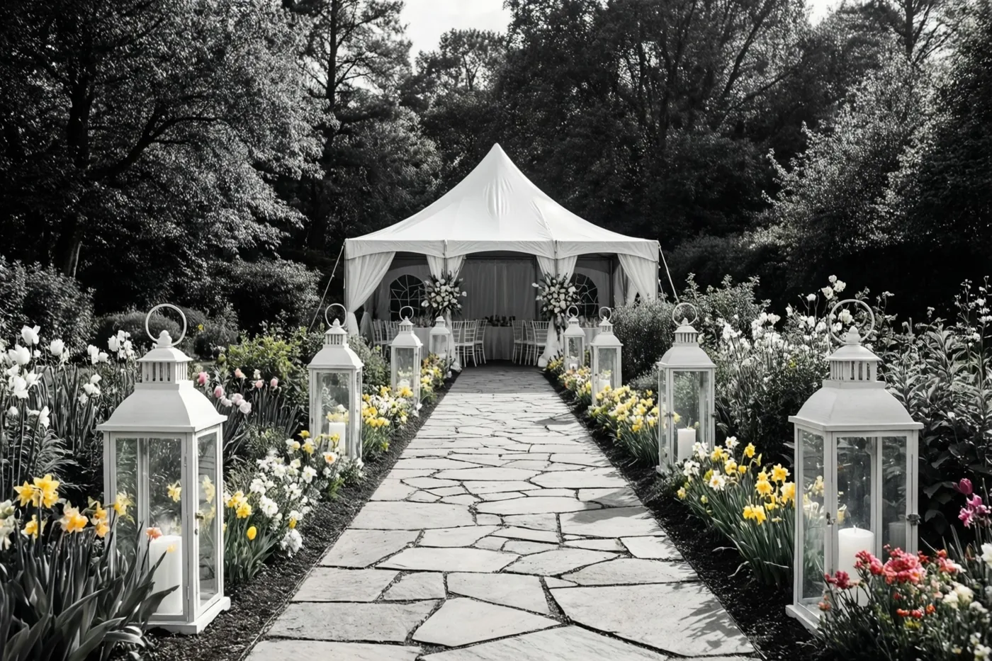 Een stenen tuinpad met witte lantaarns en lentebloemen aan weerszijden leidt door een groene tuin naar een witte feesttent, met bomen op de achtergrond.