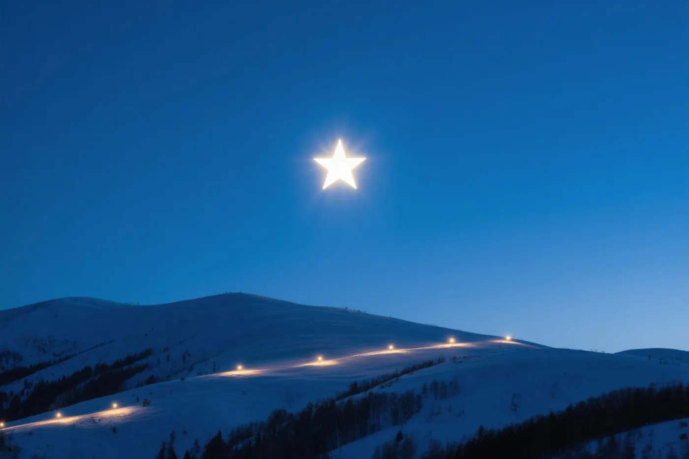 Een heldere ster schijnt in een diepblauwe nachthemel boven besneeuwde heuvels met warme lichtjes langs een kronkelend pad.