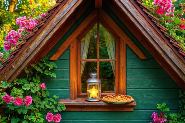 Een houten raam van een groen huis met trapgevel is versierd met roze bloemen en heeft een lichtgevende sterlantaarn en een galette op de vensterbank, omringd door tuingroen.