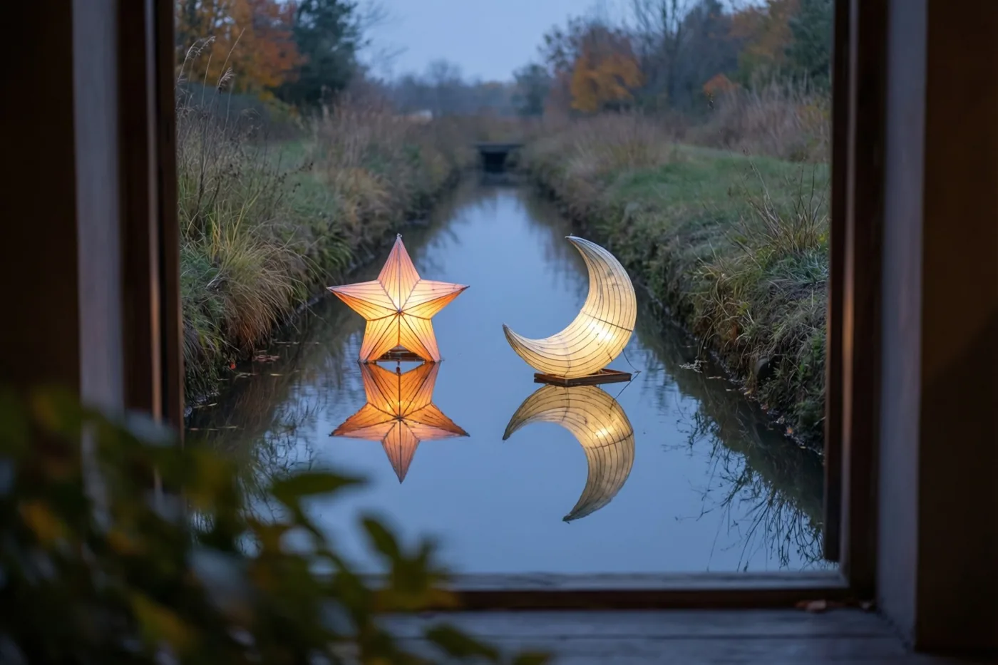 Door een raam met een houten kader zie je een lichtgevende sterlantaarn en maanlantaarn weerspiegeld in een stille gracht op een schemerige novemberavond.