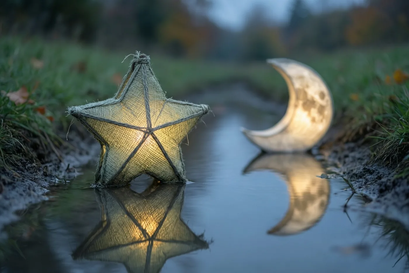 Een verlichte sterlantaarn en maanlantaarn staan in een ondiepe gracht tussen het gras en weerspiegelen in het stille water bij schemering.