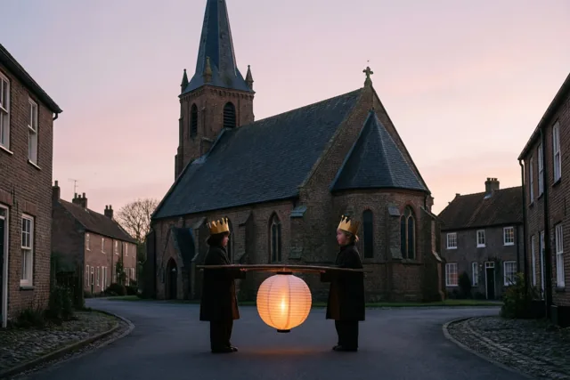 Driekoningen onder een roze hemel