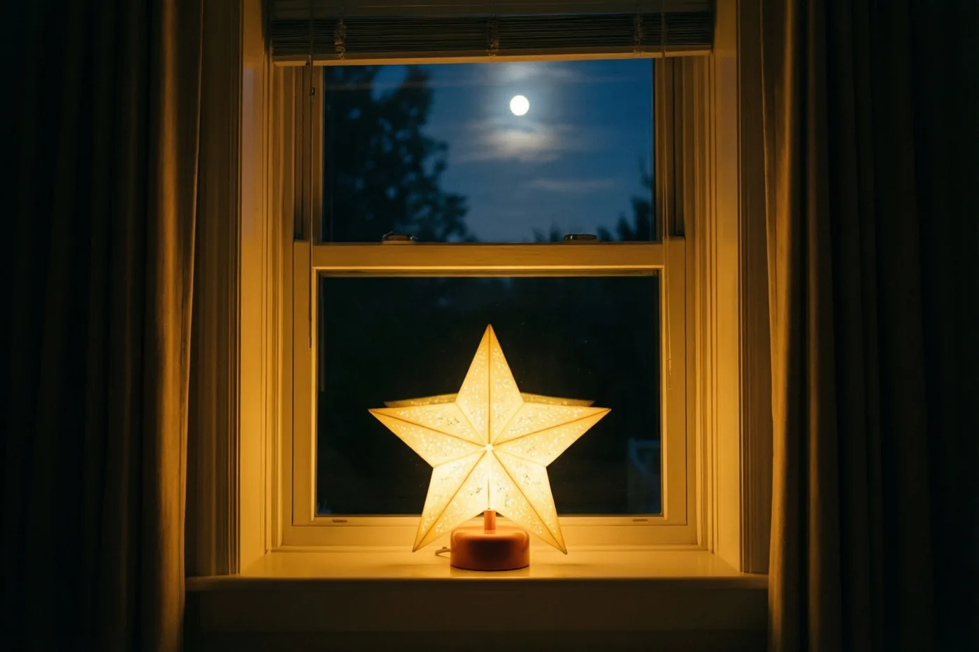 Een stervormige lamp geeft warm licht op een vensterbank, met door het raam tussen gordijnen een volle maan aan een donkerblauwe hemel.