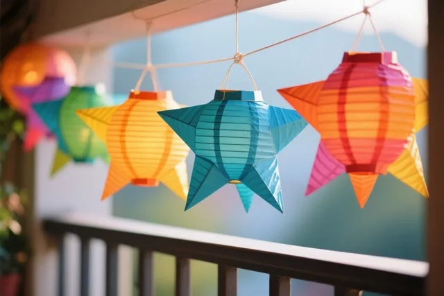 Kleurrijke papieren sterlantaarns hangen aan touwtjes aan een balkonleuning in warm zonlicht, met de lucht en verre heuvels wazig op de achtergrond.
