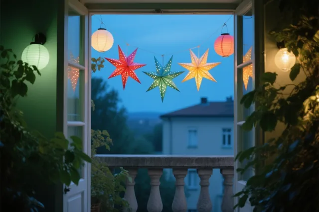 Papieren sterlantaarns in verschillende kleuren hangen aan een balkon onder een schemerblauwe hemel, tussen groene muren en planten met warm licht aan weerszijden.