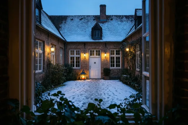 Door een open raam is een besneeuwde binnenplaats met een bakstenen gebouw te zien, waar een lichtgevende sterlantaarn naast een witte deur staat onder een blauwe avondhemel.