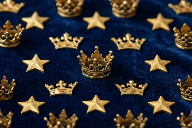 Op een diepblauwe fluwelen ondergrond liggen kleine gouden kroontjes en sterren verspreid.