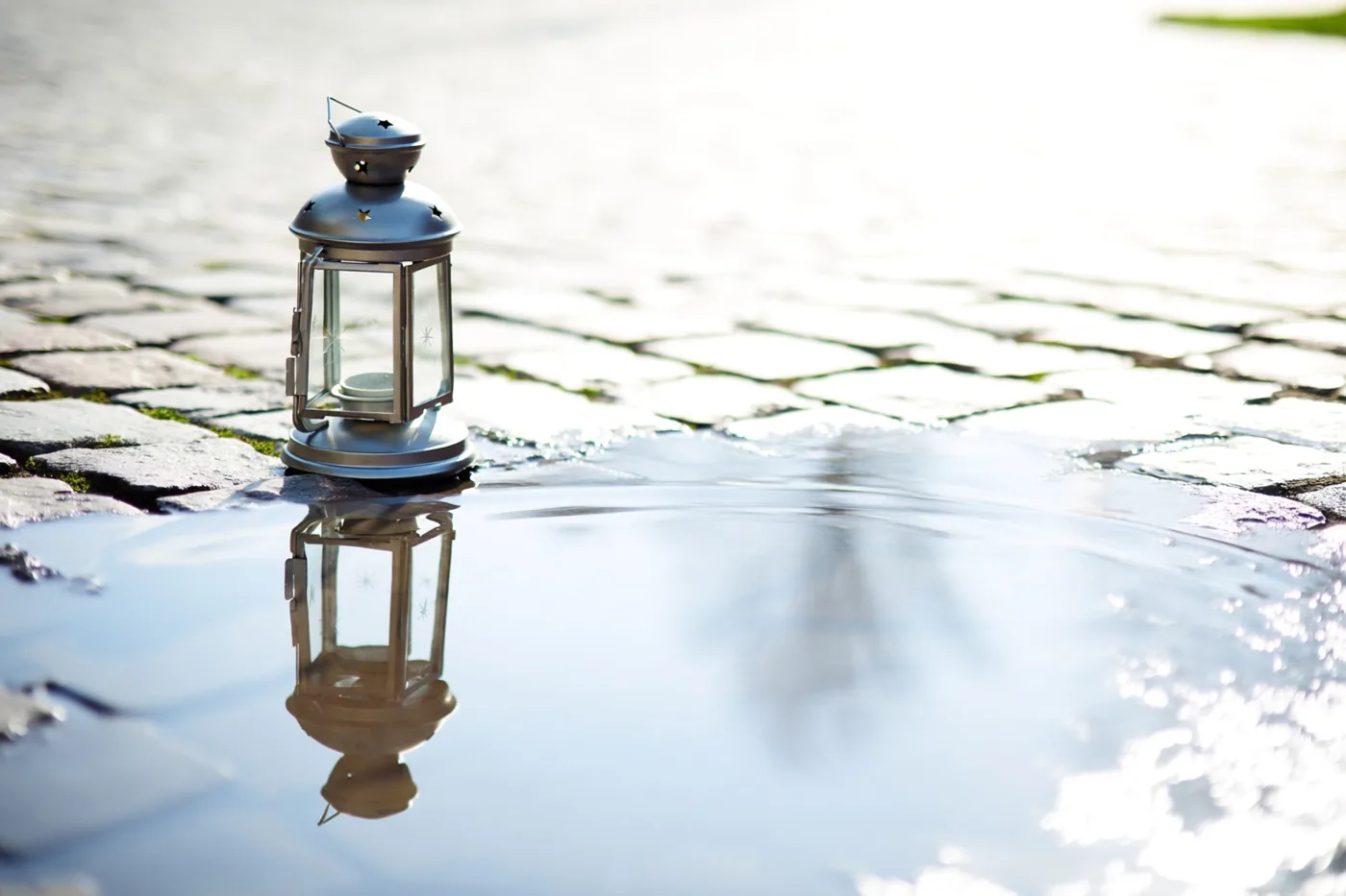 Een metalen lantaarn met stervormige uitsparingen staat op natte kasseien en weerspiegelt in een ondiepe plas bij zacht, helder daglicht.