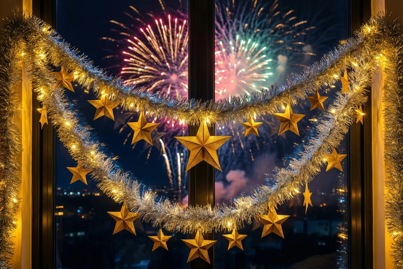 Een raam is versierd met gouden papieren sterren en zilveren slingers, met kleurrijk vuurwerk aan de nachtelijke hemel buiten.