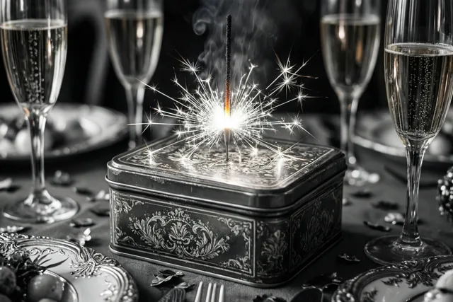 Een versierd oud blik met een brandend sterretje staat op een donkere feesttafel tussen champagnecoupes en bestek op een zwart-witfoto.
